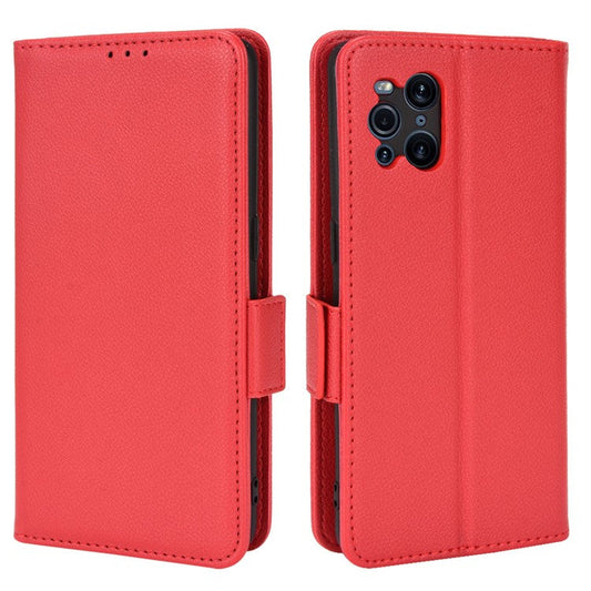 Stand Feature Litchi Texture PU Leather Wallet Flip Cover TPU Shockproof Interior Case for Oppo Find X3 / Find X3 Pro - Red
