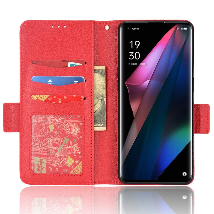 Stand Feature Litchi Texture PU Leather Wallet Flip Cover TPU Shockproof Interior Case for Oppo Find X3 / Find X3 Pro - Red