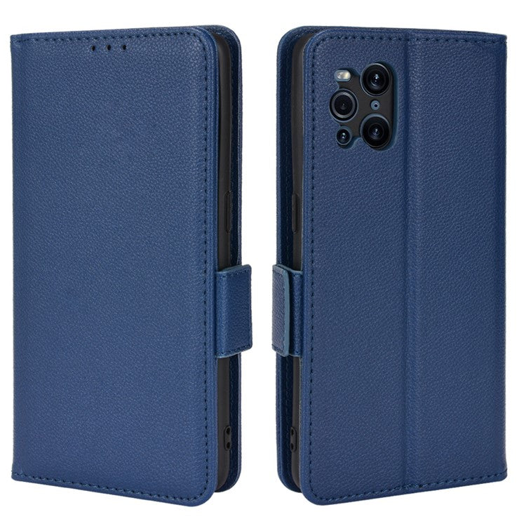 Stand Feature Litchi Texture PU Leather Wallet Flip Cover TPU Shockproof Interior Case for Oppo Find X3 / Find X3 Pro - Dark Blue