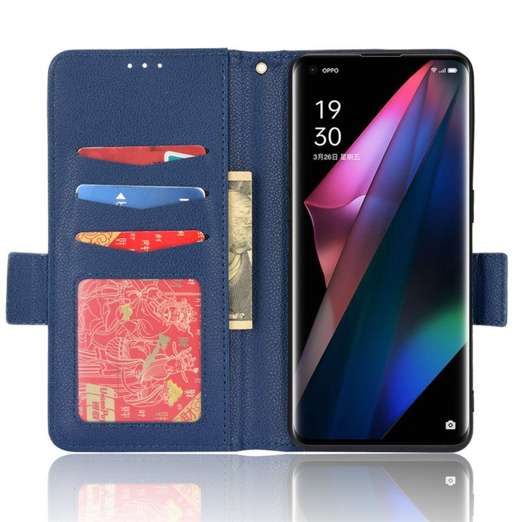 Stand Feature Litchi Texture PU Leather Wallet Flip Cover TPU Shockproof Interior Case for Oppo Find X3 / Find X3 Pro - Dark Blue