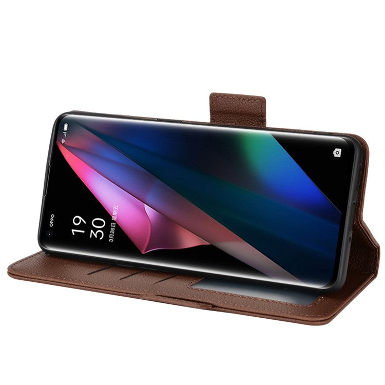 Stand Feature Litchi Texture PU Leather Wallet Flip Cover TPU Shockproof Interior Case for Oppo Find X3 / Find X3 Pro - Brown
