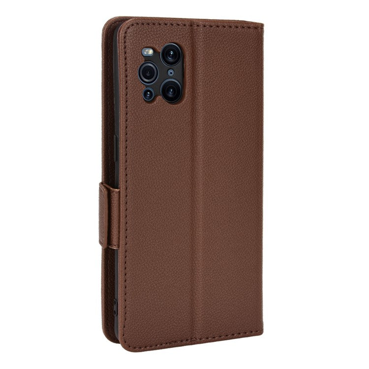 Stand Feature Litchi Texture PU Leather Wallet Flip Cover TPU Shockproof Interior Case for Oppo Find X3 / Find X3 Pro - Brown