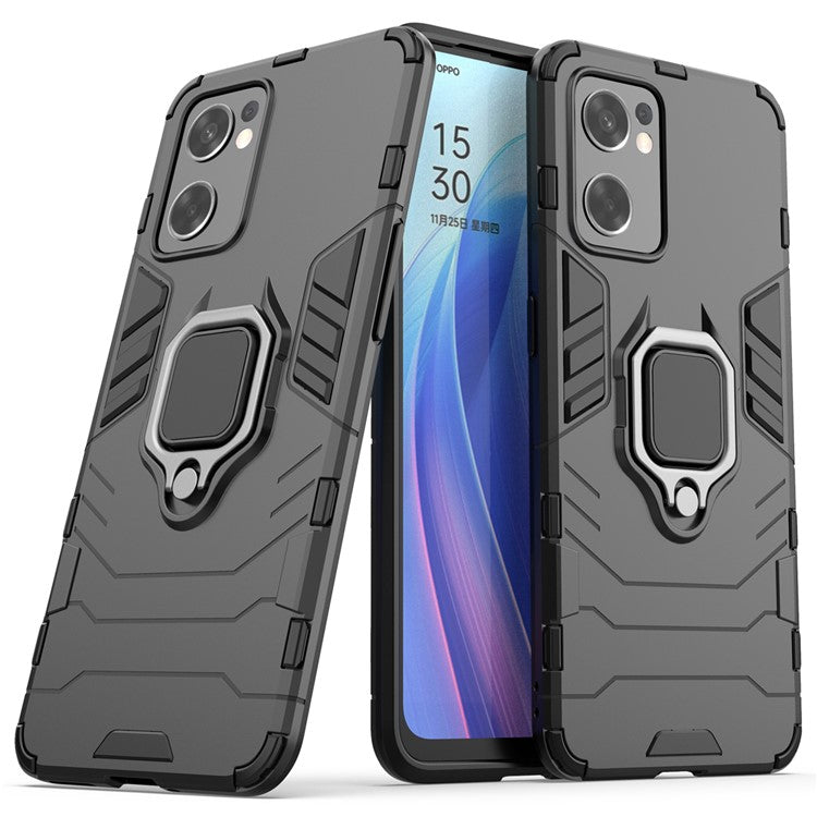 Ring Kickstand Sturdy Anti-Shock Flexible TPU + Hard PC Back Cover for Oppo Reno7 SE 5G - Black