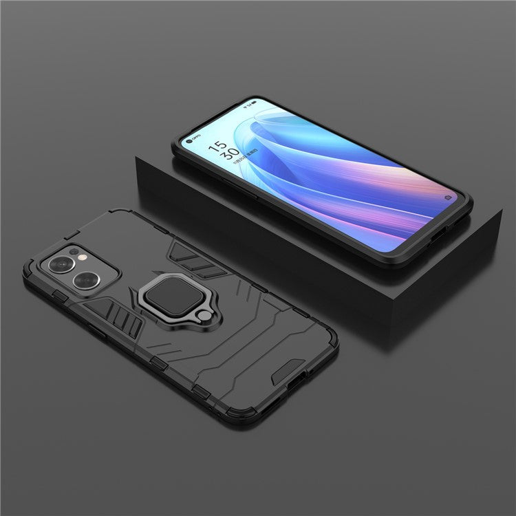 Ring Kickstand Sturdy Anti-Shock Flexible TPU + Hard PC Back Cover for Oppo Reno7 SE 5G - Black