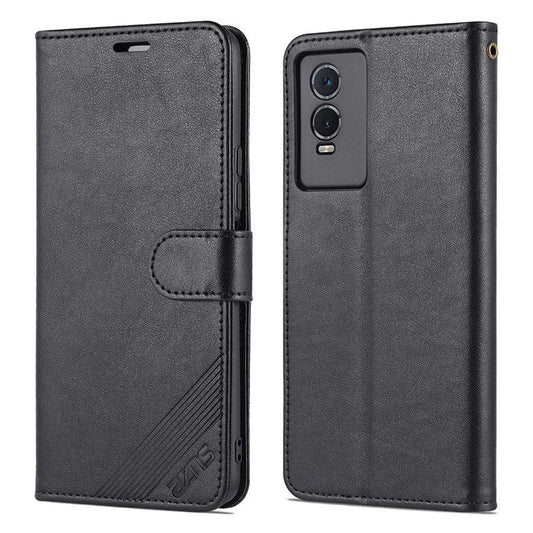 AZNS Textured PU Leather Protective Folio Flip Case Wallet Stand Inner TPU Phone Cover for vivo Y76s / Y74s - Black