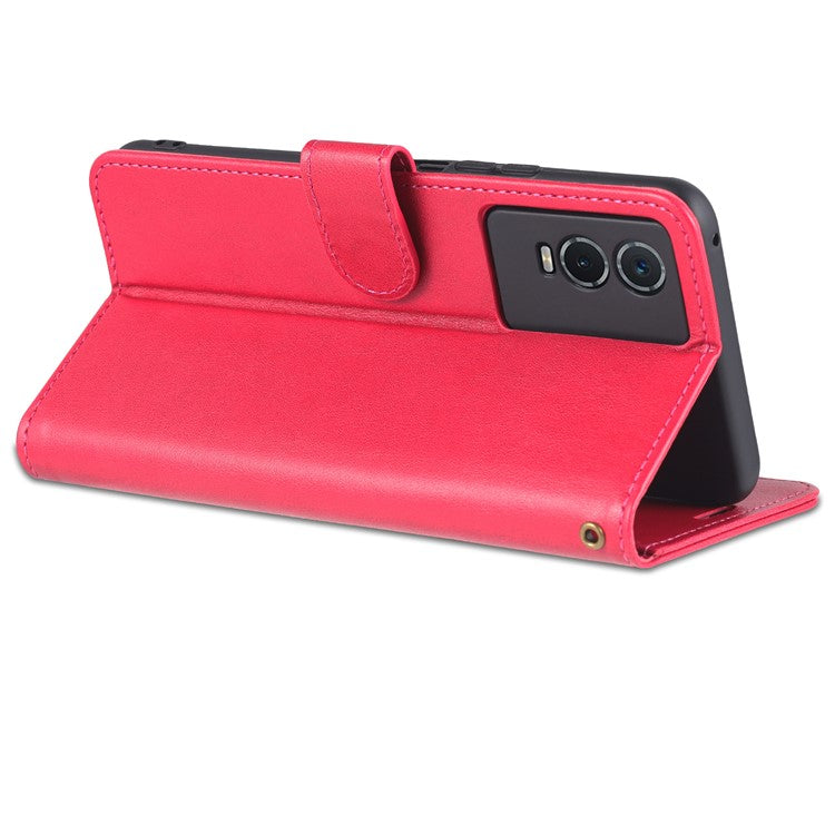 AZNS Textured PU Leather Protective Folio Flip Case Wallet Stand Inner TPU Phone Cover for vivo Y76s / Y74s - Red