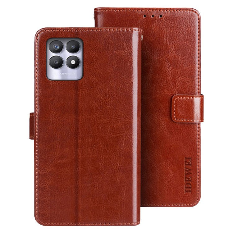 IDEWEI For Realme 8i/Narzo 50 4G Crazy Horse Texture Leather Case Magnetic Clasp Phone Cover with Stand Wallet - Brown