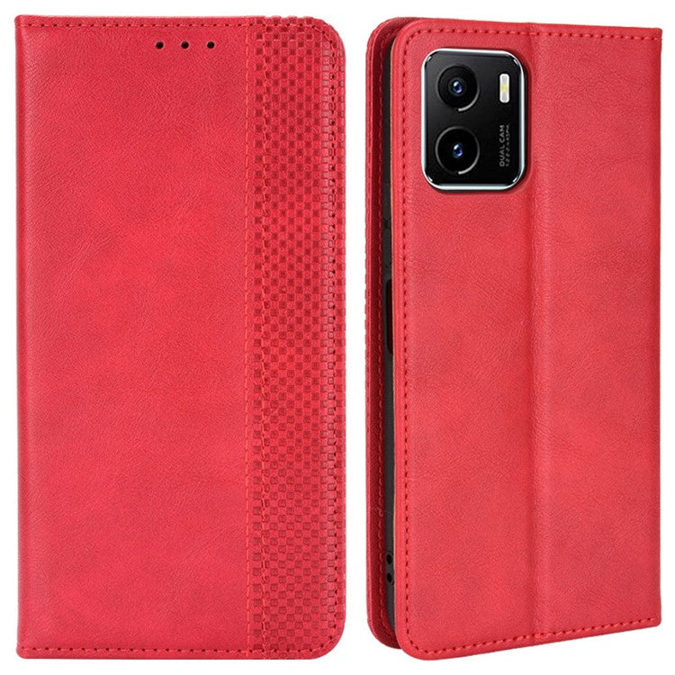For vivo Y15s/Y15a/Y10/T1/Y01/iQOO U5x Shockproof Wallet Stand Retro Style Imprinted Case Leather Magnetic Flip Phone Cover - Red