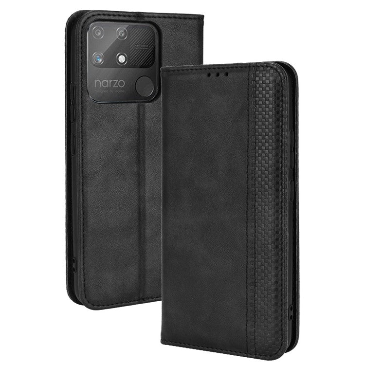 For Realme Narzo 50A Well-protected Wallet Retro Style Imprinted Leather Magnetic Closing Phone Cover with Stand - Black