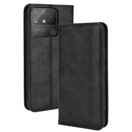 For Realme Narzo 50A Well-protected Wallet Retro Style Imprinted Leather Magnetic Closing Phone Cover with Stand - Black