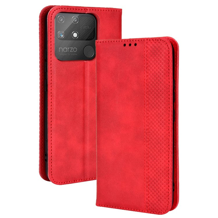 For Realme Narzo 50A Well-protected Wallet Retro Style Imprinted Leather Magnetic Closing Phone Cover with Stand - Red