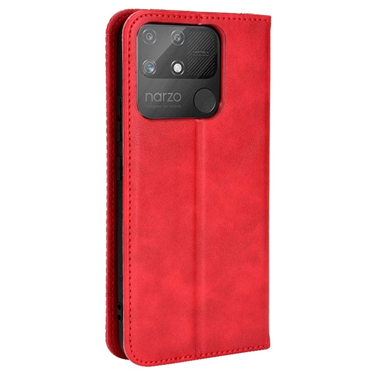 For Realme Narzo 50A Well-protected Wallet Retro Style Imprinted Leather Magnetic Closing Phone Cover with Stand - Red