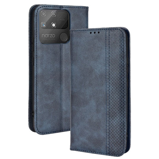 For Realme Narzo 50A Well-protected Wallet Retro Style Imprinted Leather Magnetic Closing Phone Cover with Stand - Blue