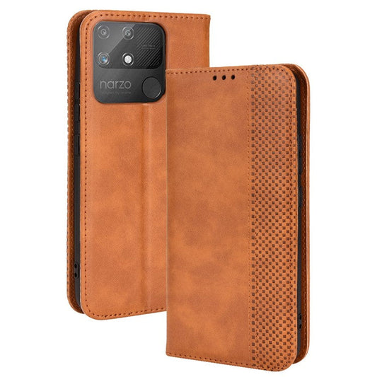 For Realme Narzo 50A Well-protected Wallet Retro Style Imprinted Leather Magnetic Closing Phone Cover with Stand - Brown