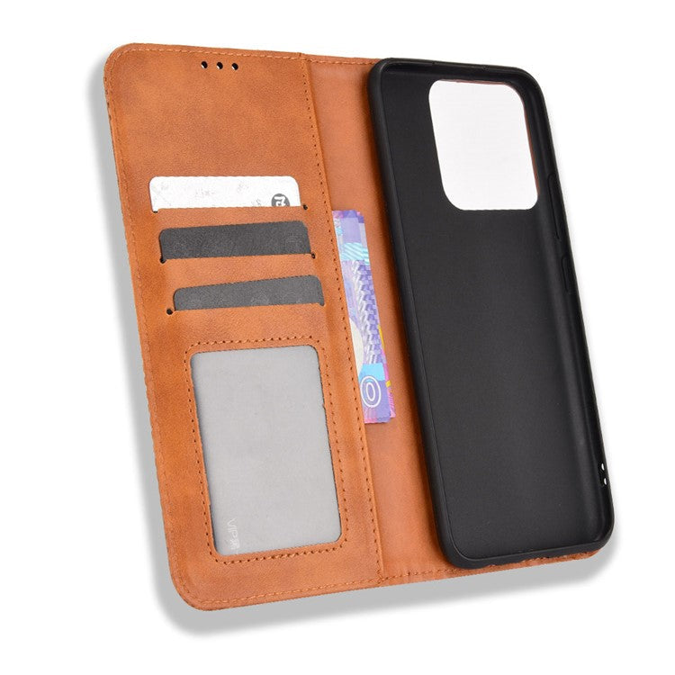 For Realme Narzo 50A Well-protected Wallet Retro Style Imprinted Leather Magnetic Closing Phone Cover with Stand - Brown