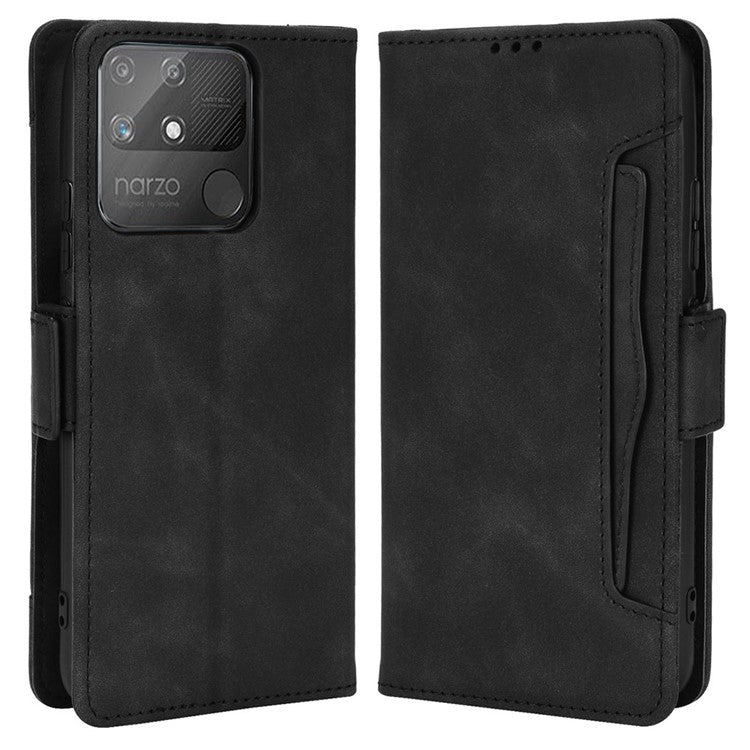 Double Protection PU Leather + TPU Phone Cover for Realme Narzo 50A, Cash Pocket Multiple Card Slot Case with Stand Case - Black