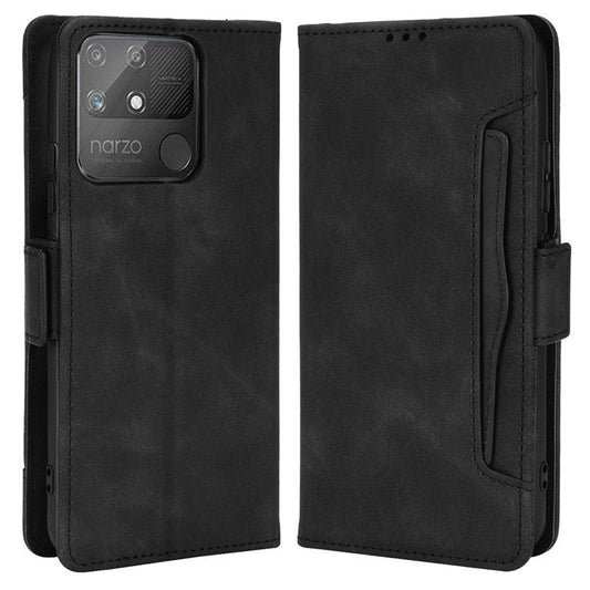 Double Protection PU Leather + TPU Phone Cover for Realme Narzo 50A, Cash Pocket Multiple Card Slot Case with Stand Case - Black