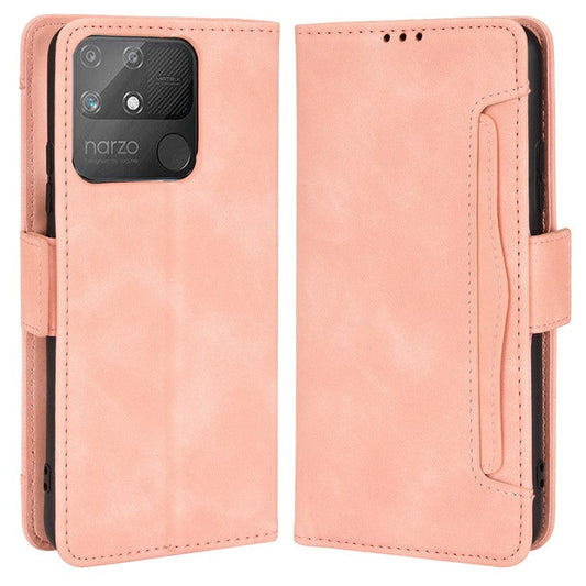 Double Protection PU Leather + TPU Phone Cover for Realme Narzo 50A, Cash Pocket Multiple Card Slot Case with Stand Case - Pink