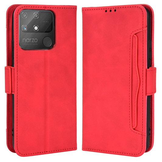 Double Protection PU Leather + TPU Phone Cover for Realme Narzo 50A, Cash Pocket Multiple Card Slot Case with Stand Case - Red