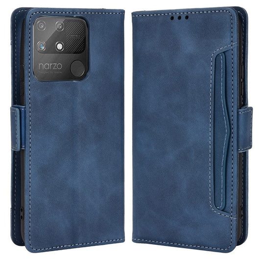 Double Protection PU Leather + TPU Phone Cover for Realme Narzo 50A, Cash Pocket Multiple Card Slot Case with Stand Case - Blue