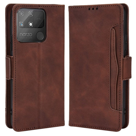 Double Protection PU Leather + TPU Phone Cover for Realme Narzo 50A, Cash Pocket Multiple Card Slot Case with Stand Case - Brown