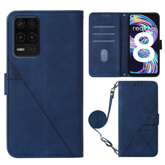 PB2-1 Series Lines Imprinting Phone Case for Realme 8 5G/V13 5G/Narzo 30 5G, Flip Stand Soft PU Leather Magnetic Wallet Cover with Shoulder Strap - Sapphire