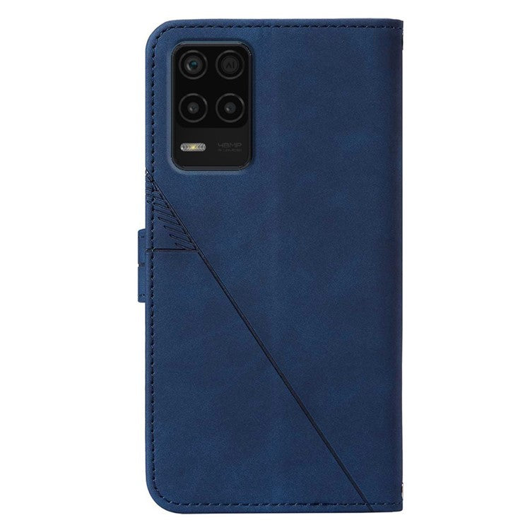 PB2-1 Series Lines Imprinting Phone Case for Realme 8 5G/V13 5G/Narzo 30 5G, Flip Stand Soft PU Leather Magnetic Wallet Cover with Shoulder Strap - Sapphire