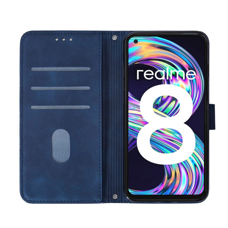 PB2-1 Series Lines Imprinting Phone Case for Realme 8 5G/V13 5G/Narzo 30 5G, Flip Stand Soft PU Leather Magnetic Wallet Cover with Shoulder Strap - Sapphire
