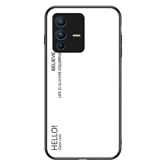 Gradient Color Phone Case for vivo S12 / V23 5G, Shockproof  TPU Edges + Hard PC + Tempered Glass Protective Cover - White