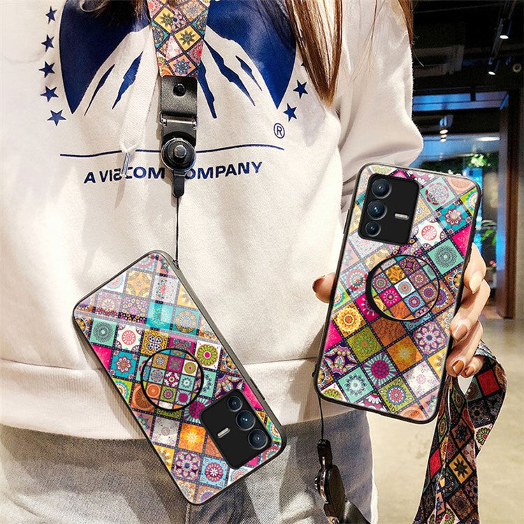 For vivo S12 / V23 5G Kickstand Flower Pattern Anti-Scratch Tempered Glass + PC Back + TPU Bumper Shockproof Case with Lanyard - Color Pattern