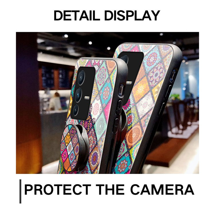 For vivo S12 / V23 5G Kickstand Flower Pattern Anti-Scratch Tempered Glass + PC Back + TPU Bumper Shockproof Case with Lanyard - Color Pattern