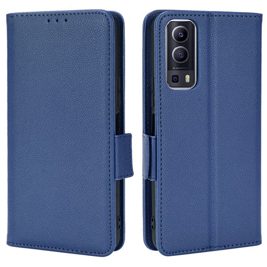 For vivo Y72 5G (Global Version) / Y52 5G / Y53s 5G / iQOO Z3 5G / T1x / iQOO Z5x Magnetic Wallet Case Litchi Texture PU Leather Stand Shockproof Cover - Dark Blue