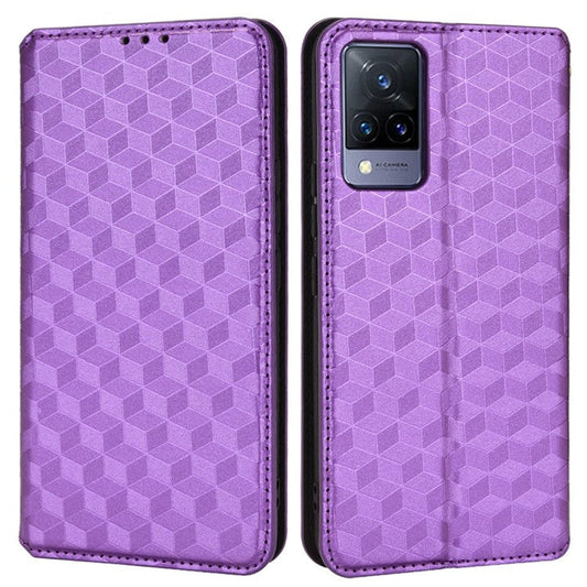For vivo V21 4G/5G Magnetic Absorption Squares Imprinting Leather Case Wallet Stand Design with TPU Four Corners Air Bags Case - Purple