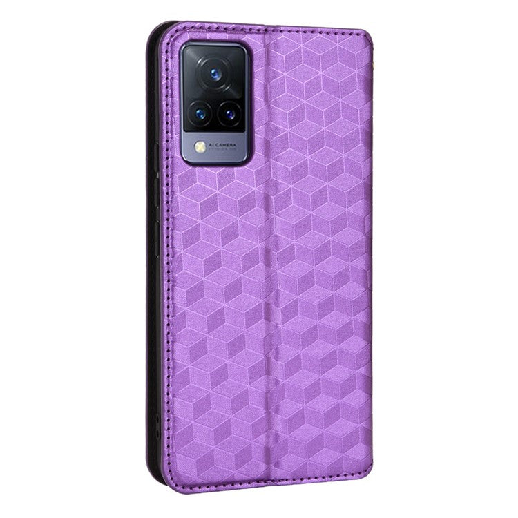 For vivo V21 4G/5G Magnetic Absorption Squares Imprinting Leather Case Wallet Stand Design with TPU Four Corners Air Bags Case - Purple