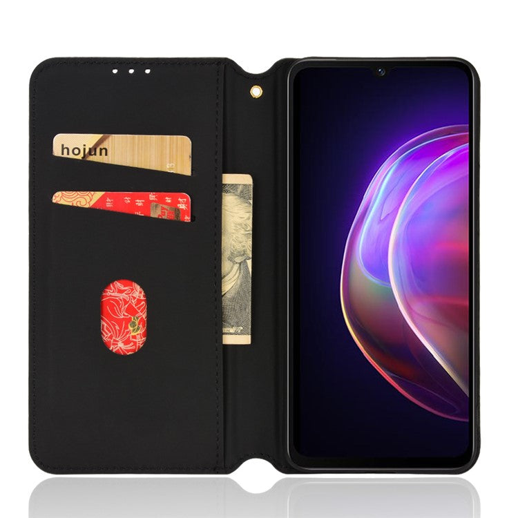 For vivo V21 4G/5G Magnetic Absorption Squares Imprinting Leather Case Wallet Stand Design with TPU Four Corners Air Bags Case - Purple