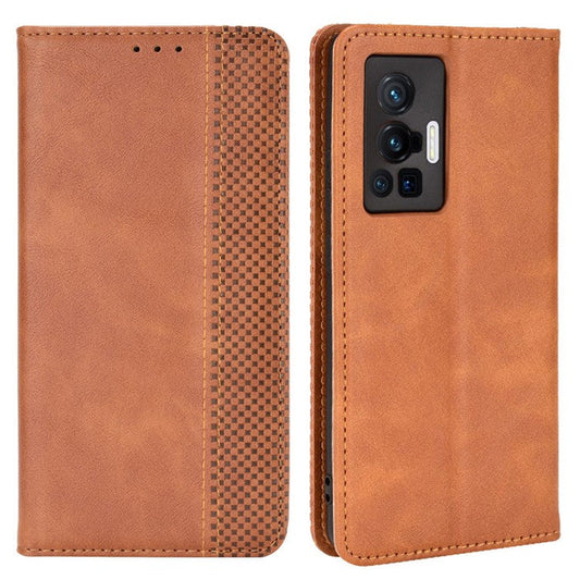 For vivo X70 Pro Retro Style PU Leather Attached Soft TPU Imprinted Mosaic Case Stand Hidden Magnetic Adsorption Shockproof Flip Wallet Cover - Brown