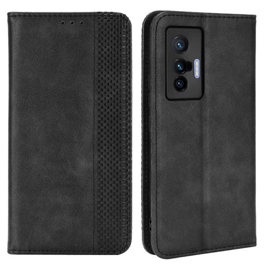 For vivo X70 Retro PU Leather Wallet Case Imprinted Mosaic Magnetic Absorption Soft TPU Shockproof Flip Folio Folding Stand Cover - Black