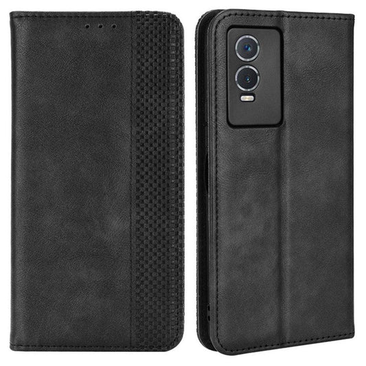 For vivo Y76s Vintage PU Leather Wallet Case Imprinted Mosaic Anti-fall Protection Magnetic Absorption Stand Flip Folio Phone Cover - Black