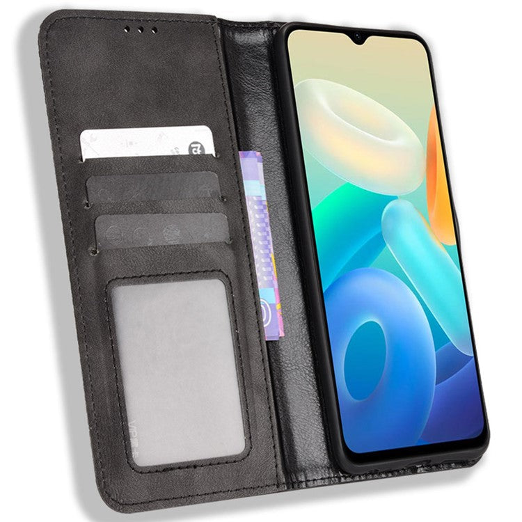 For vivo Y76s Vintage PU Leather Wallet Case Imprinted Mosaic Anti-fall Protection Magnetic Absorption Stand Flip Folio Phone Cover - Black