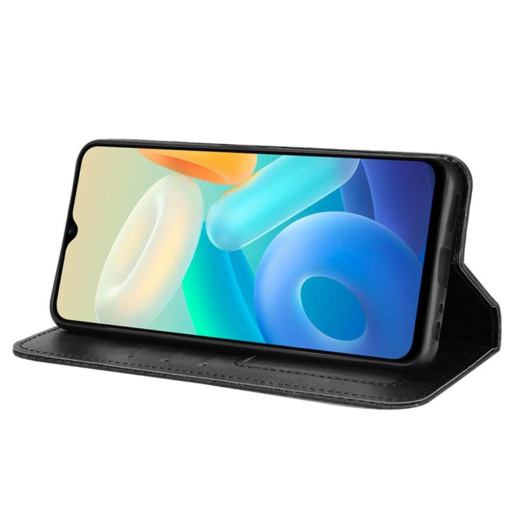 For vivo Y76s Vintage PU Leather Wallet Case Imprinted Mosaic Anti-fall Protection Magnetic Absorption Stand Flip Folio Phone Cover - Black