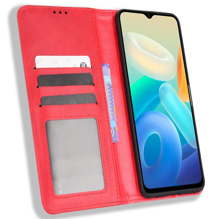 For vivo Y76s Vintage PU Leather Wallet Case Imprinted Mosaic Anti-fall Protection Magnetic Absorption Stand Flip Folio Phone Cover - Red