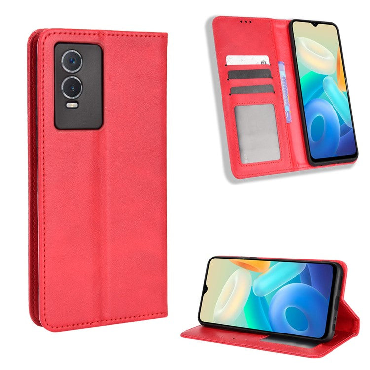 For vivo Y76s Vintage PU Leather Wallet Case Imprinted Mosaic Anti-fall Protection Magnetic Absorption Stand Flip Folio Phone Cover - Red