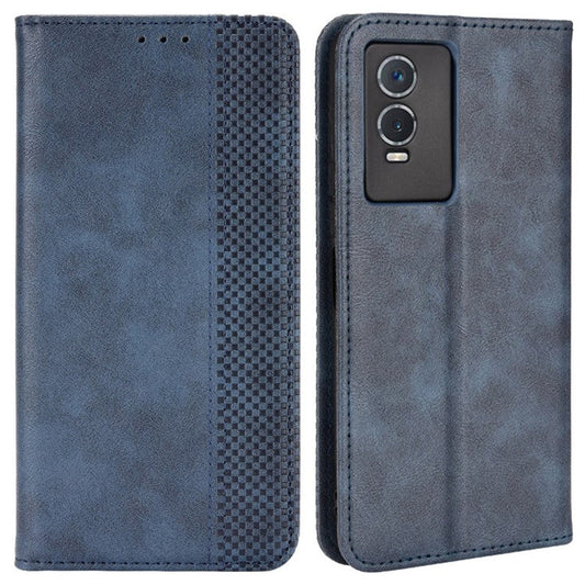 For vivo Y76s Vintage PU Leather Wallet Case Imprinted Mosaic Anti-fall Protection Magnetic Absorption Stand Flip Folio Phone Cover - Blue