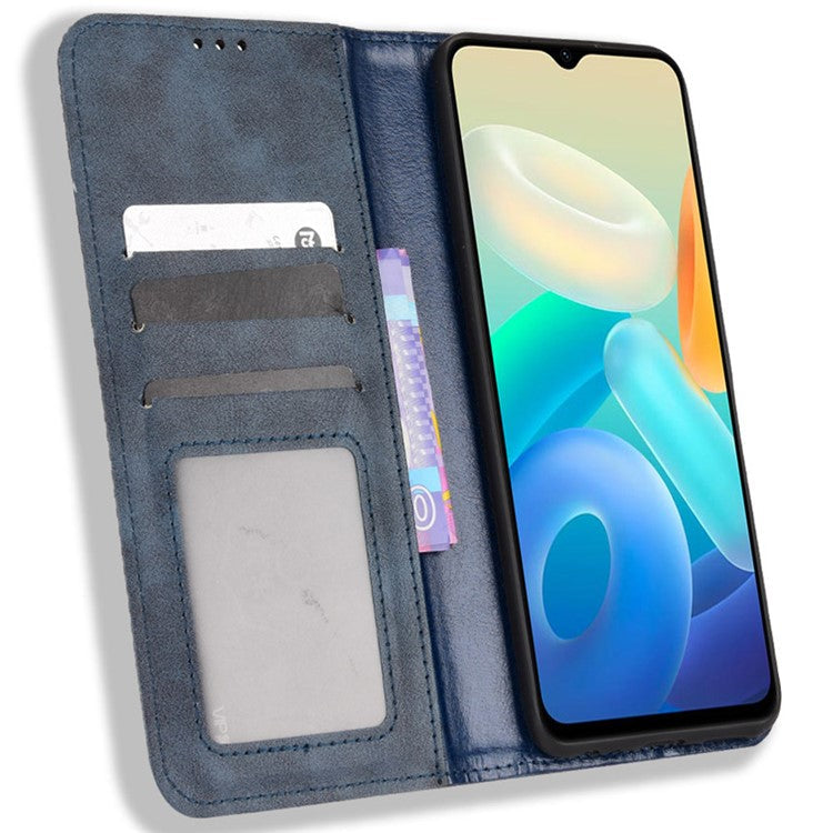 For vivo Y76s Vintage PU Leather Wallet Case Imprinted Mosaic Anti-fall Protection Magnetic Absorption Stand Flip Folio Phone Cover - Blue