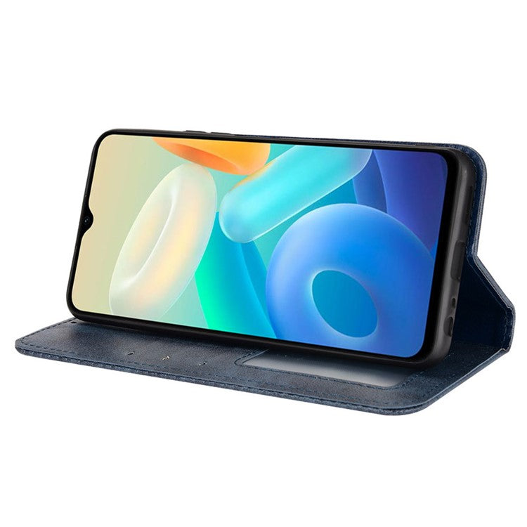 For vivo Y76s Vintage PU Leather Wallet Case Imprinted Mosaic Anti-fall Protection Magnetic Absorption Stand Flip Folio Phone Cover - Blue