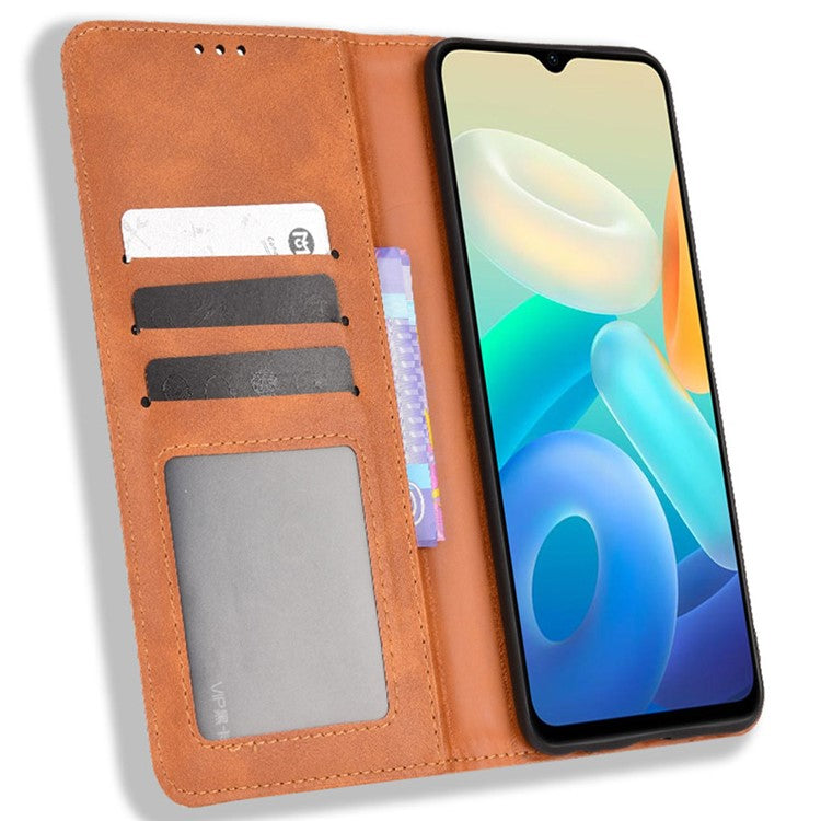 For vivo Y76s Vintage PU Leather Wallet Case Imprinted Mosaic Anti-fall Protection Magnetic Absorption Stand Flip Folio Phone Cover - Brown