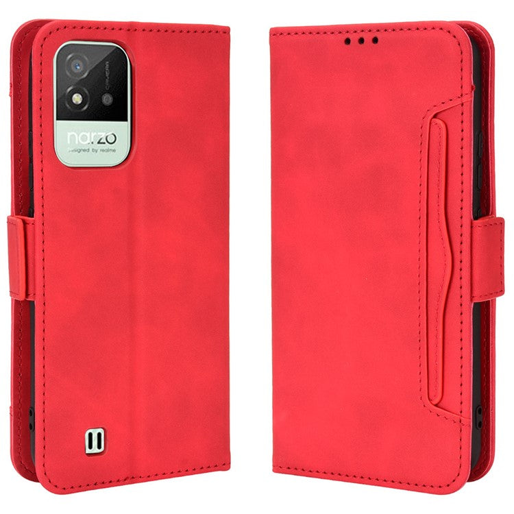 For Realme Narzo 50i Anti-drop Multi-card Slots Case All-inclusive Protection Premium PU Leather Stand Phone Shell with Wallet - Red
