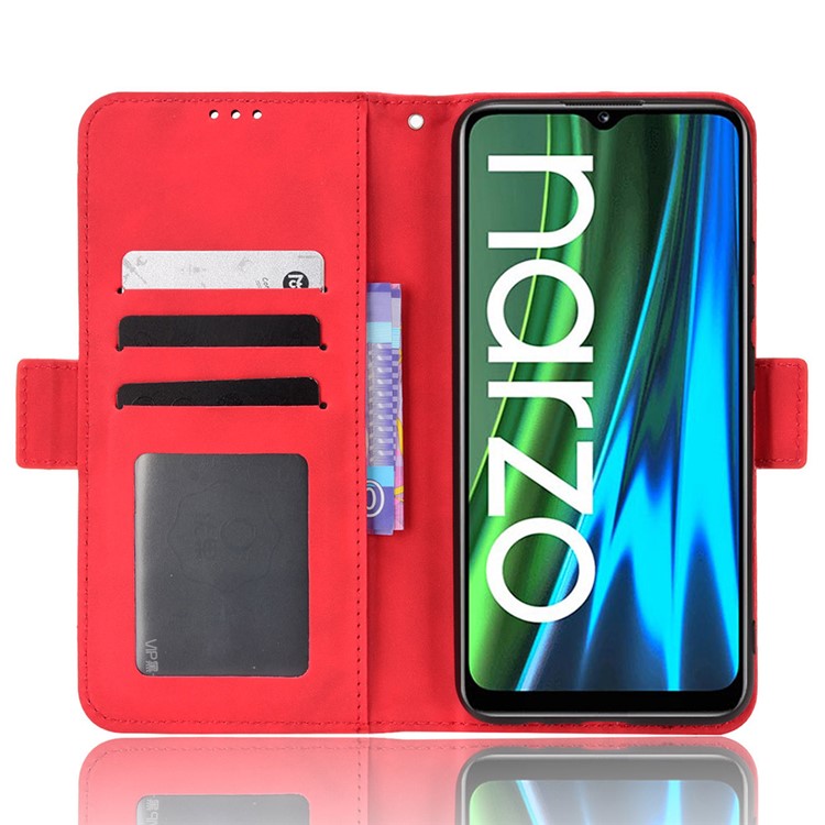 For Realme Narzo 50i Anti-drop Multi-card Slots Case All-inclusive Protection Premium PU Leather Stand Phone Shell with Wallet - Red