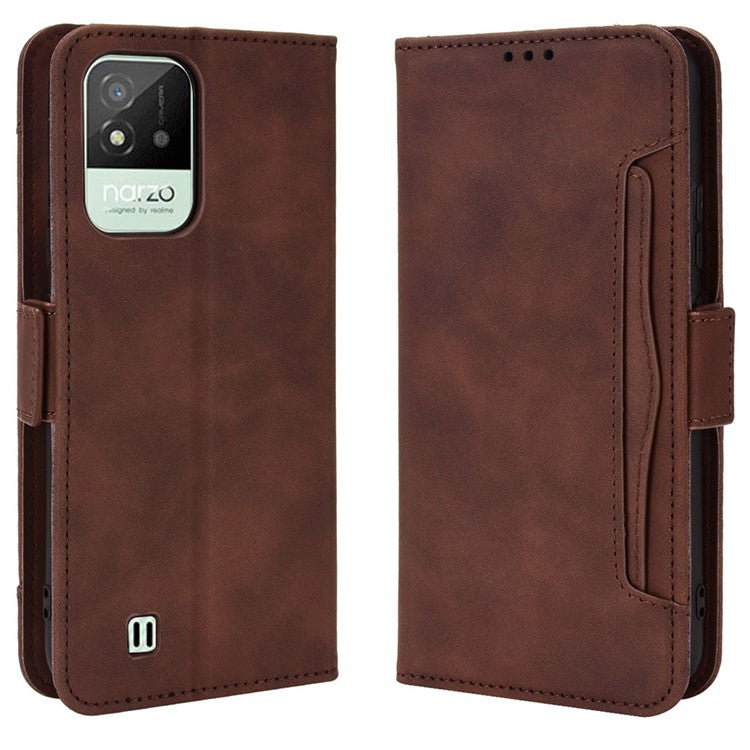 For Realme Narzo 50i Anti-drop Multi-card Slots Case All-inclusive Protection Premium PU Leather Stand Phone Shell with Wallet - Brown