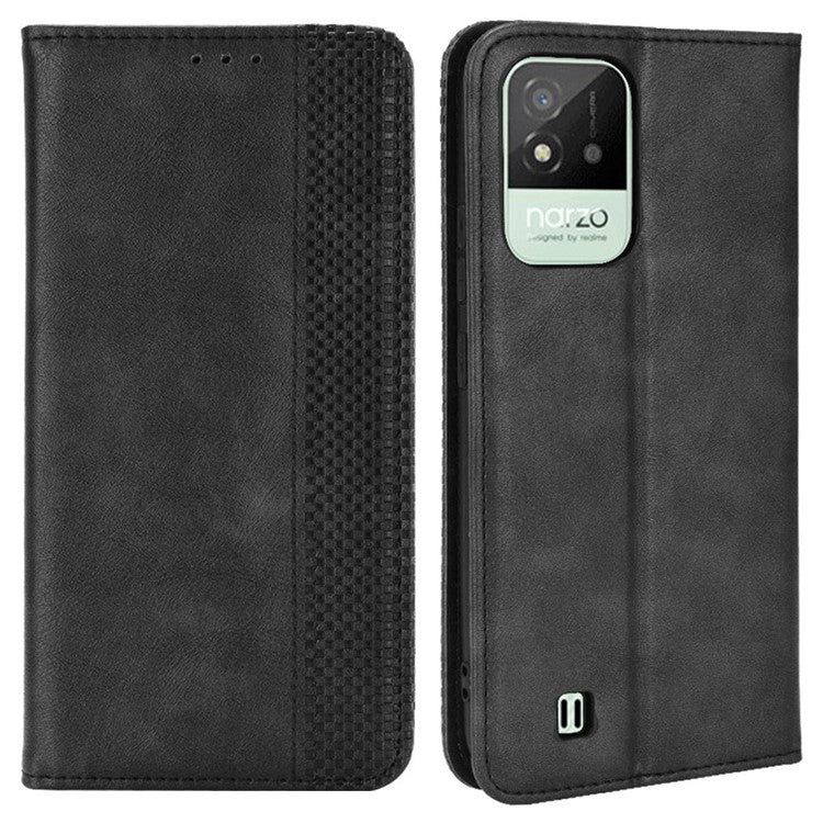 For Realme Narzo 50i Vintage PU Leather + Soft TPU Imprinted Mosaic Shell Case Wallet Magnetic Absorption Stand Folio Shockproof Protective Cover - Black